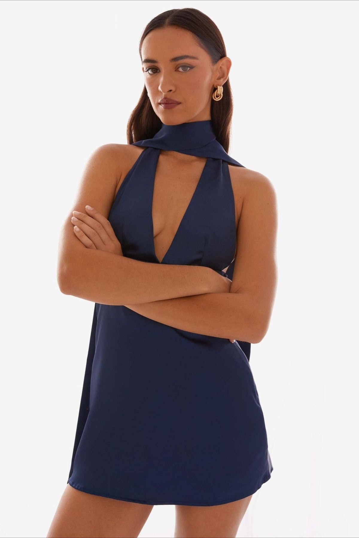 Satin Halter Scarf Tie Deep V-Neck Open Side Backless Mini Dress 5