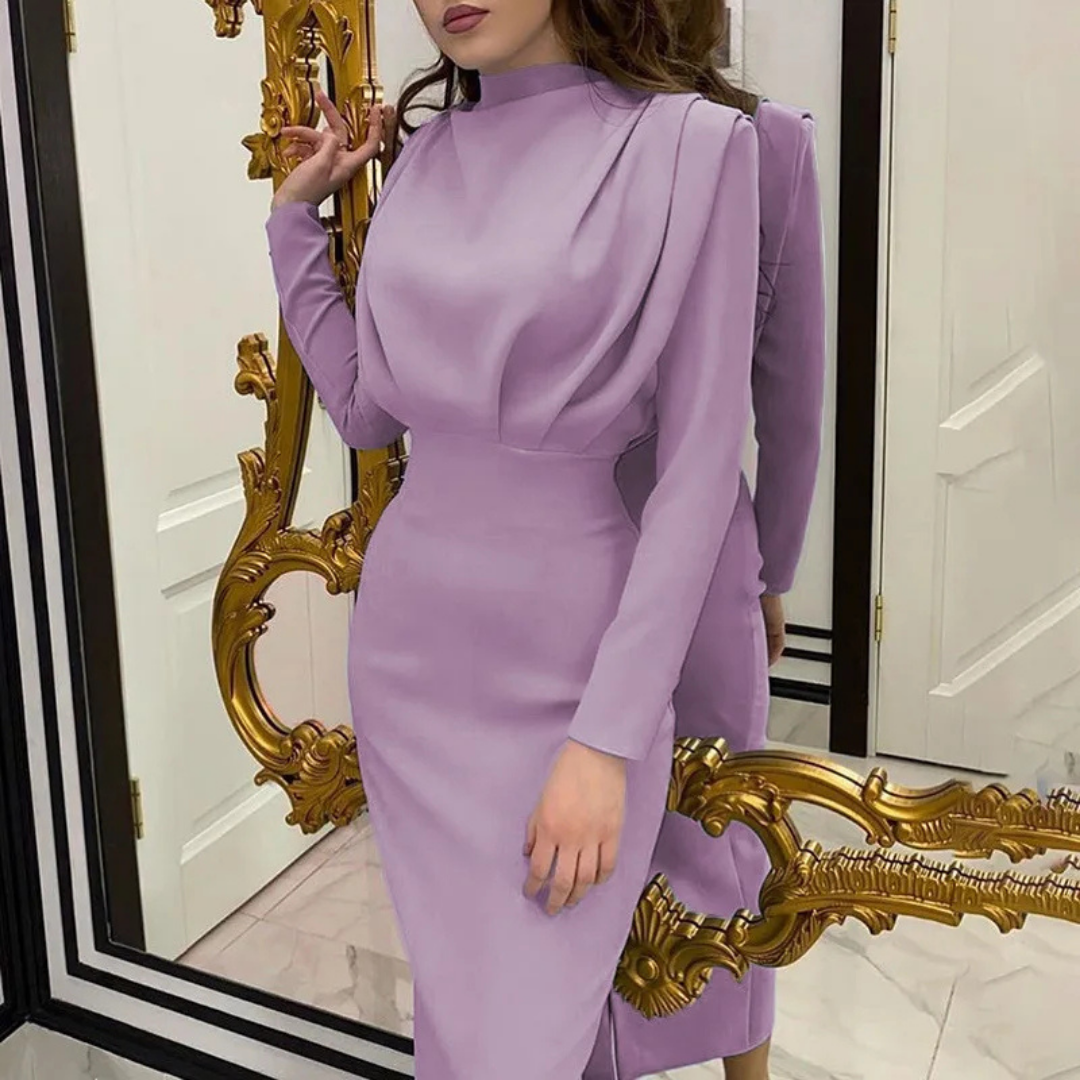 Mock Neck Draped Bodice Long Sleeve Bodycon Midi Dress 5