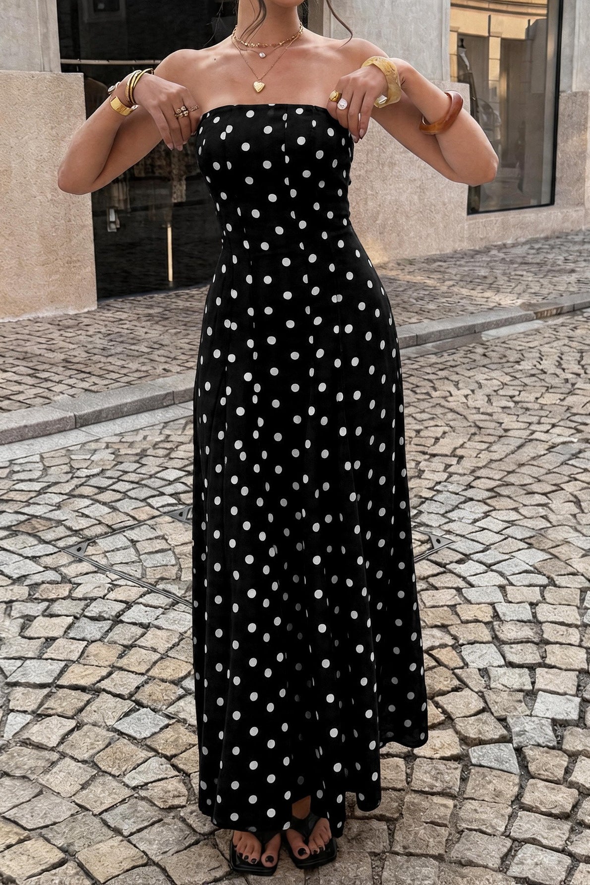 Strapless Polka Dot Paneled Slit Maxi Dress 6