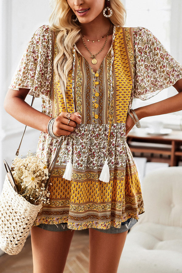 Bohemian Floral V Neck Casual Tops