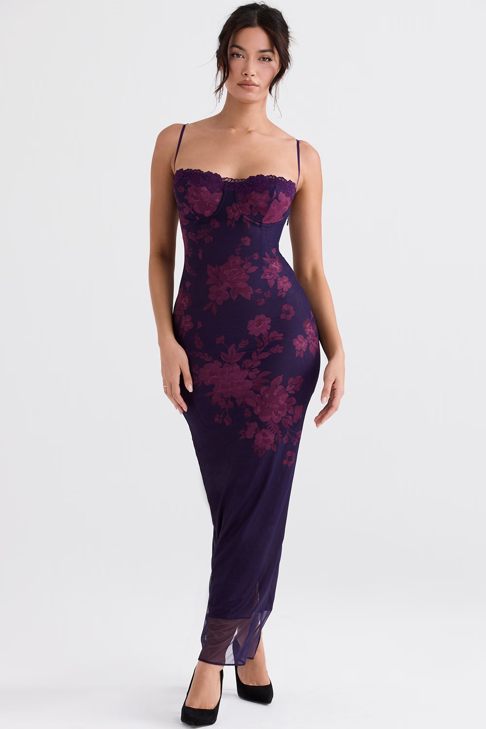 Floral Print Sweetheart Corset Bodice Lace Trim Spaghetti Strap Maxi Dress
