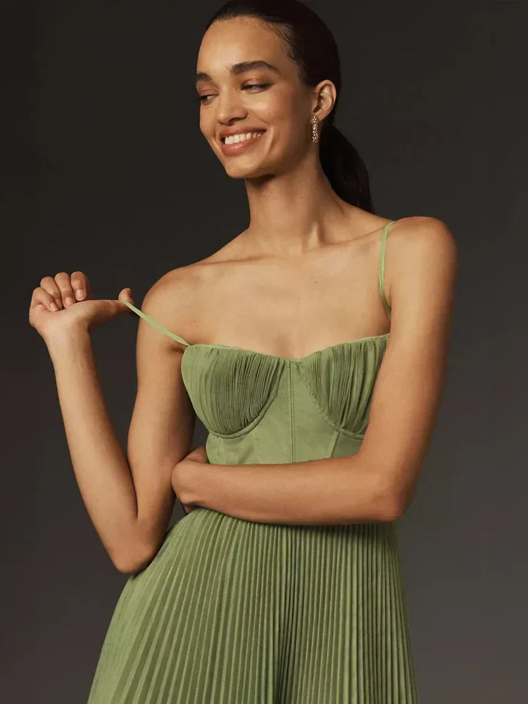 Sweetheart Corset Bodice Spaghetti Strap Accordion Pleated Tulle Midi Dress 3