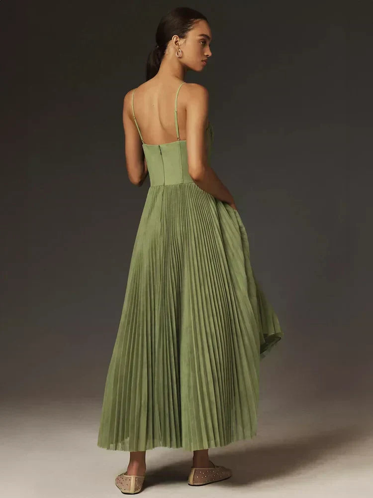 Sweetheart Corset Bodice Spaghetti Strap Accordion Pleated Tulle Midi Dress 2