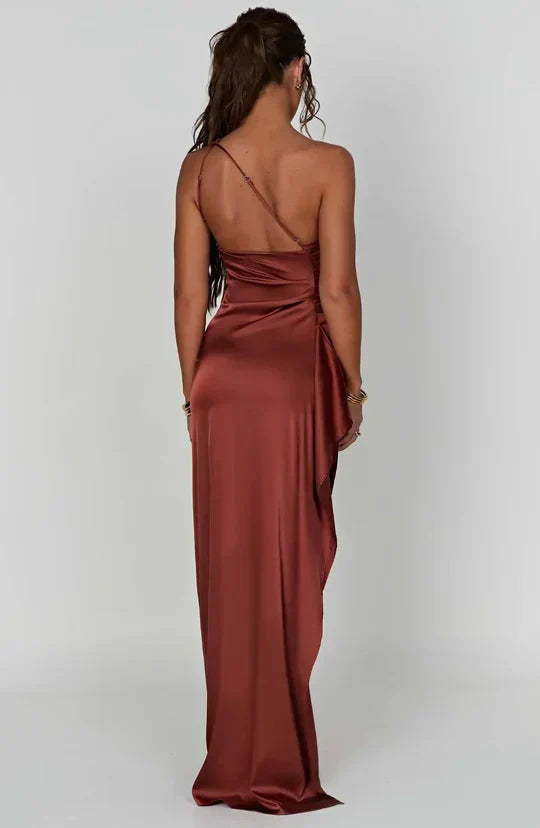 Satin One-Shoulder Ruched Bodice High Slit Column Maxi Gown 11