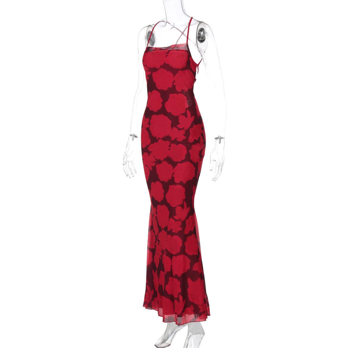 Square Neck Spaghetti Strap Floral Mesh Midi Dress 8