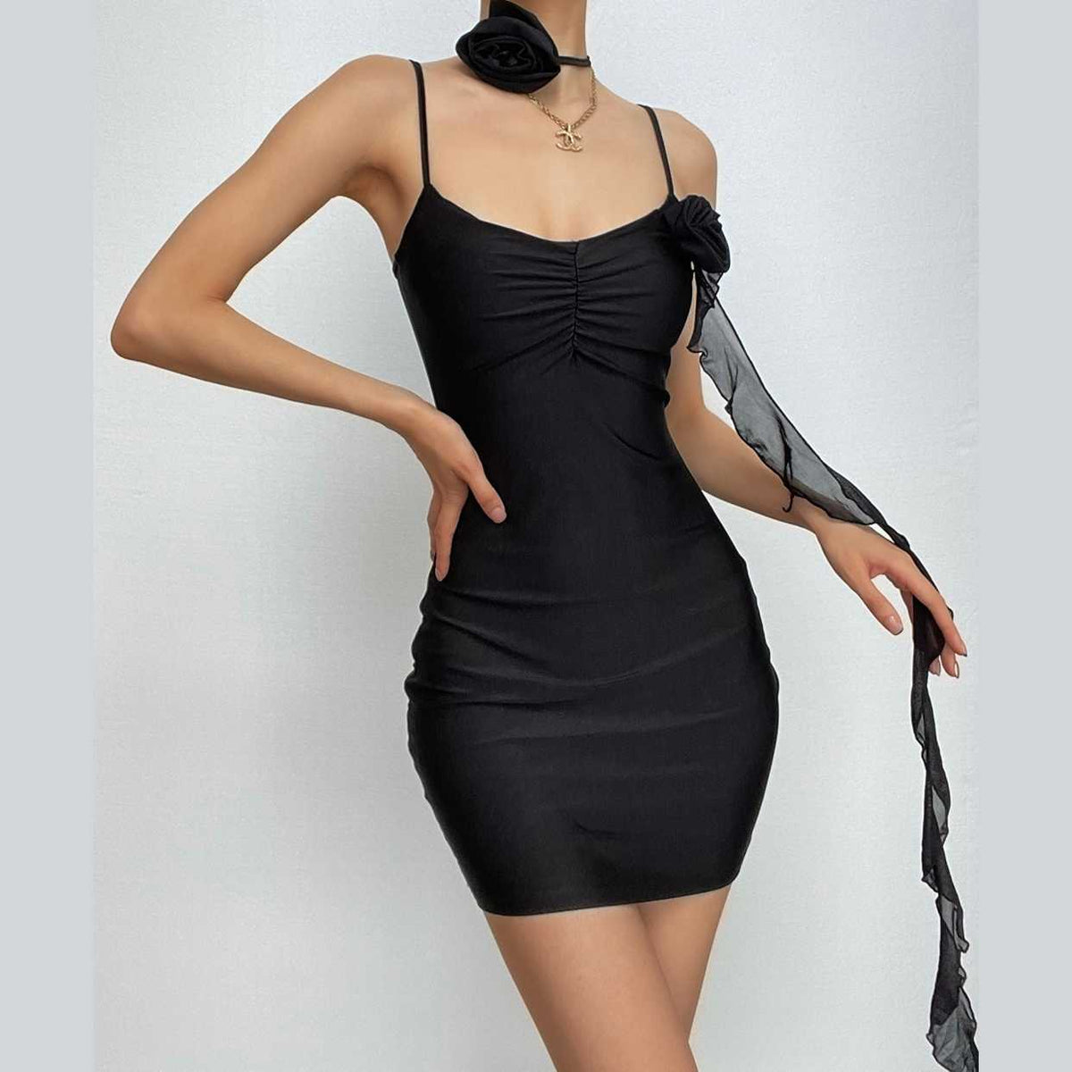 Spaghetti Strap Flower Rosette Mesh Streamer Mini Dress