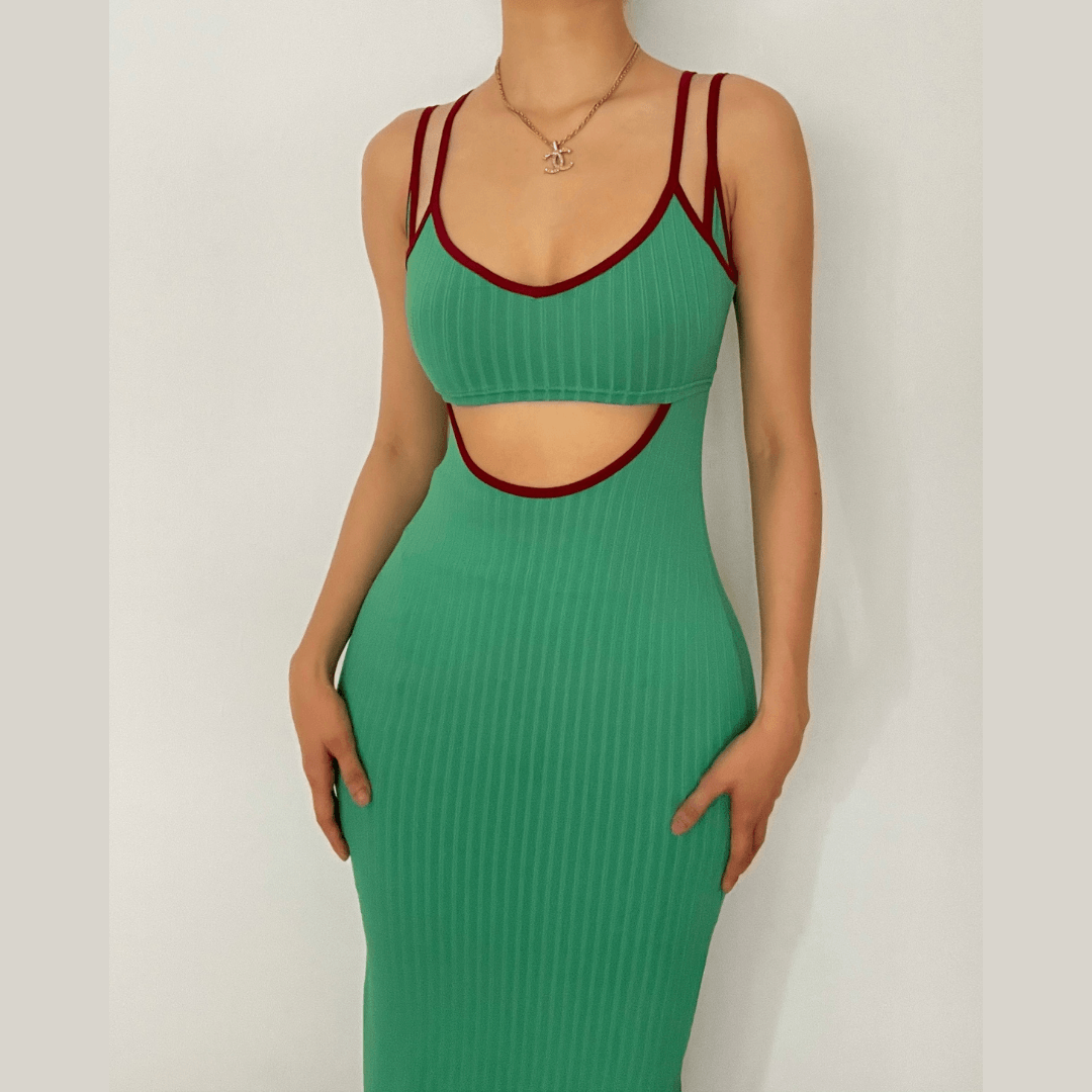 Rib Knit Scoop Neck Double Strap Contrast Trim Hollow Out Midi Dress 7