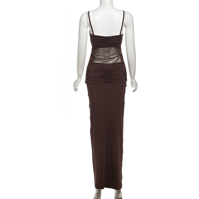 Halter Deep V Ruched Bodice Center Panel Drape Maxi Gown 8