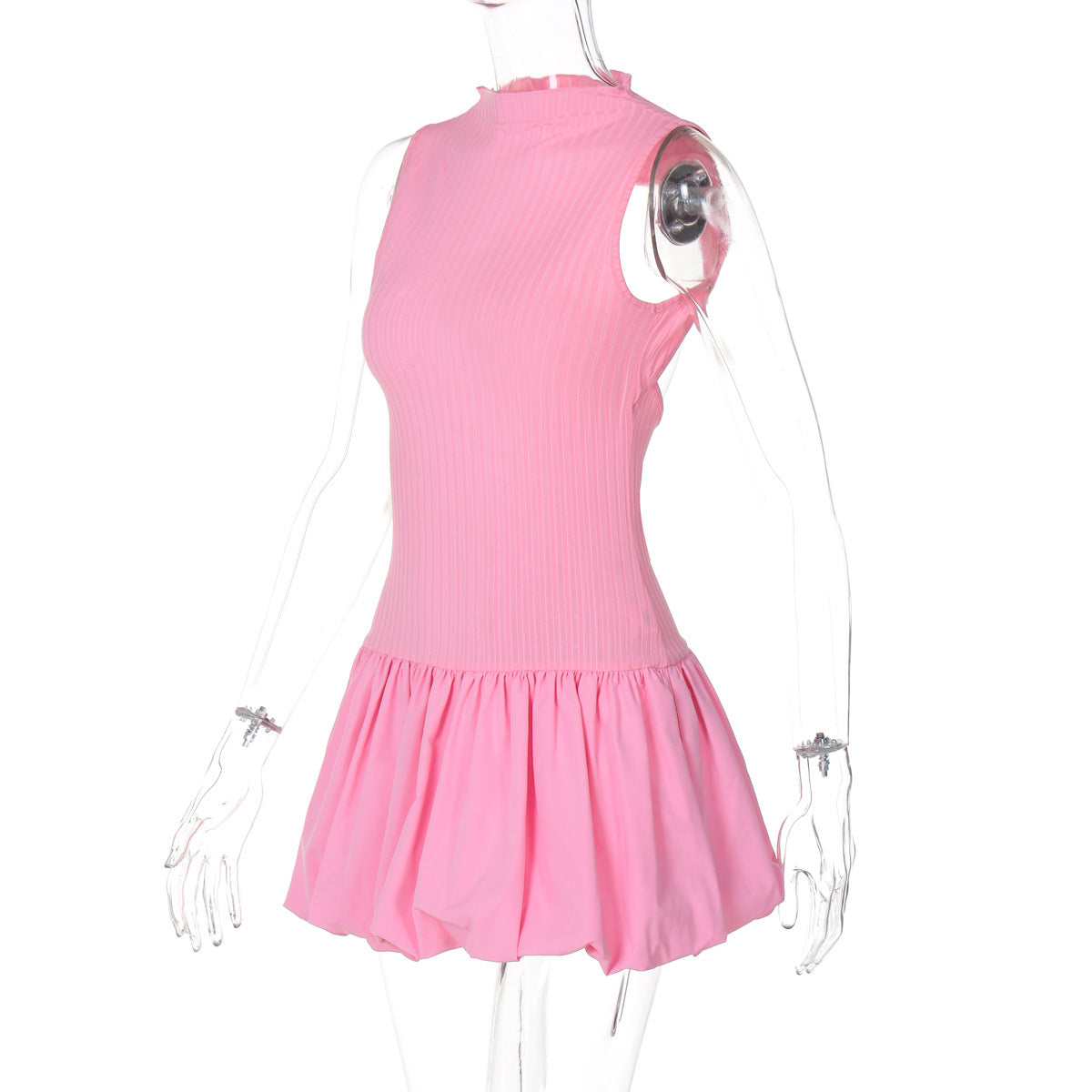 Mock Neck Sleeveless Ribbed Knit Drop Waist Bubble Hem Mini Dress 8