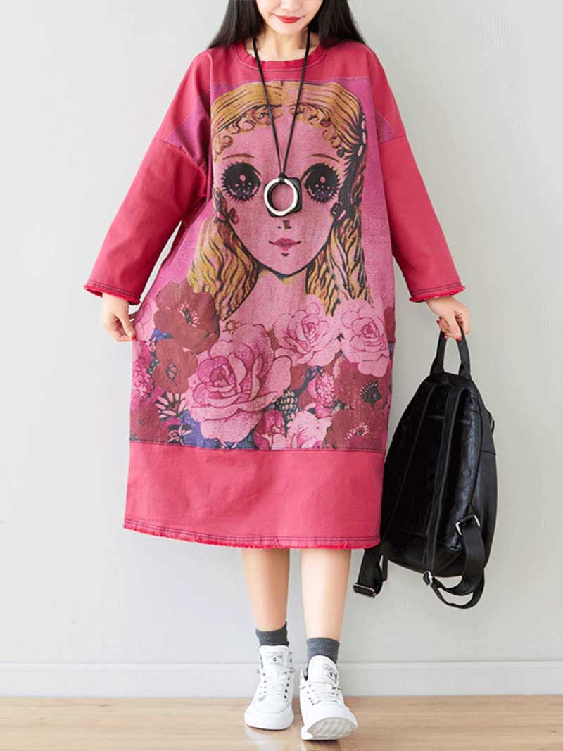 Round Neck Long Sleeve Graphic Knit Bodycon Midi Dress 3