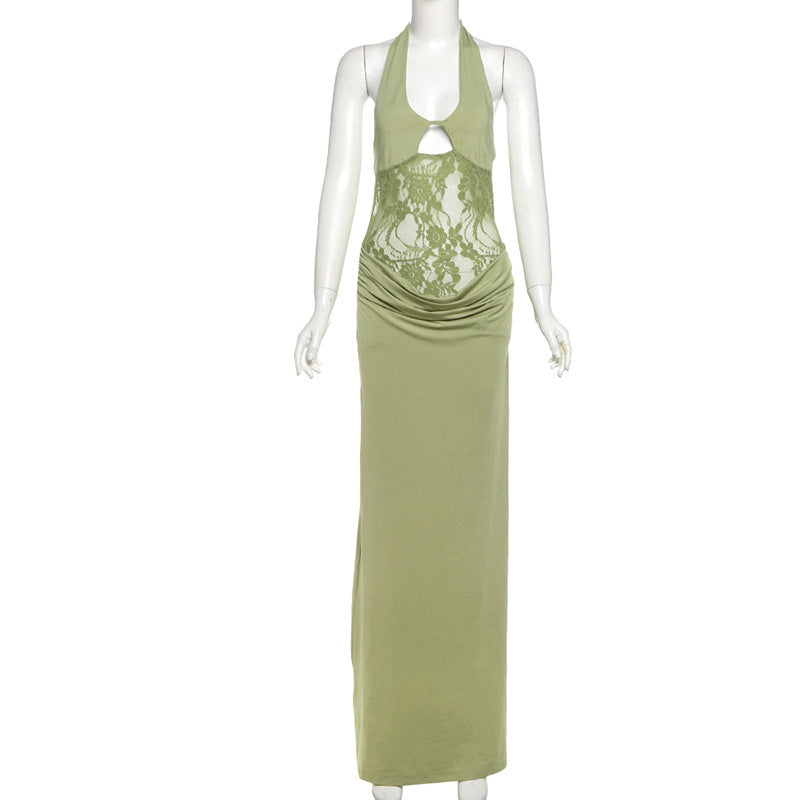 Halter V Neck Lace Panel Draped Cowl Maxi Dress 8