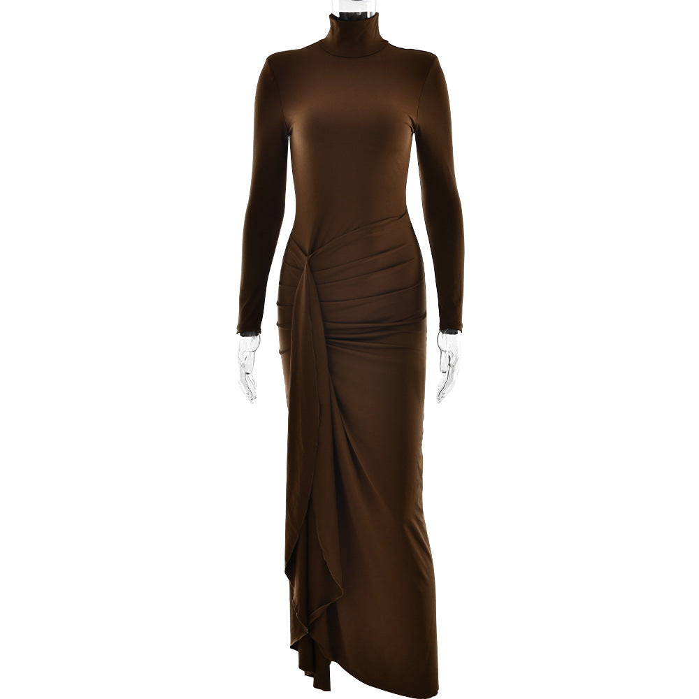 Turtleneck Long Sleeve Twisted Waist Knot High Slit Bodycon Maxi Dress 8