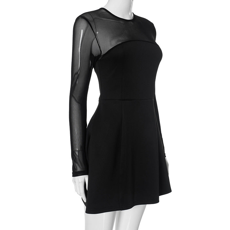 Sheer Mesh Yoke Long Sleeve Fit and Flare Skater Mini Dress 8