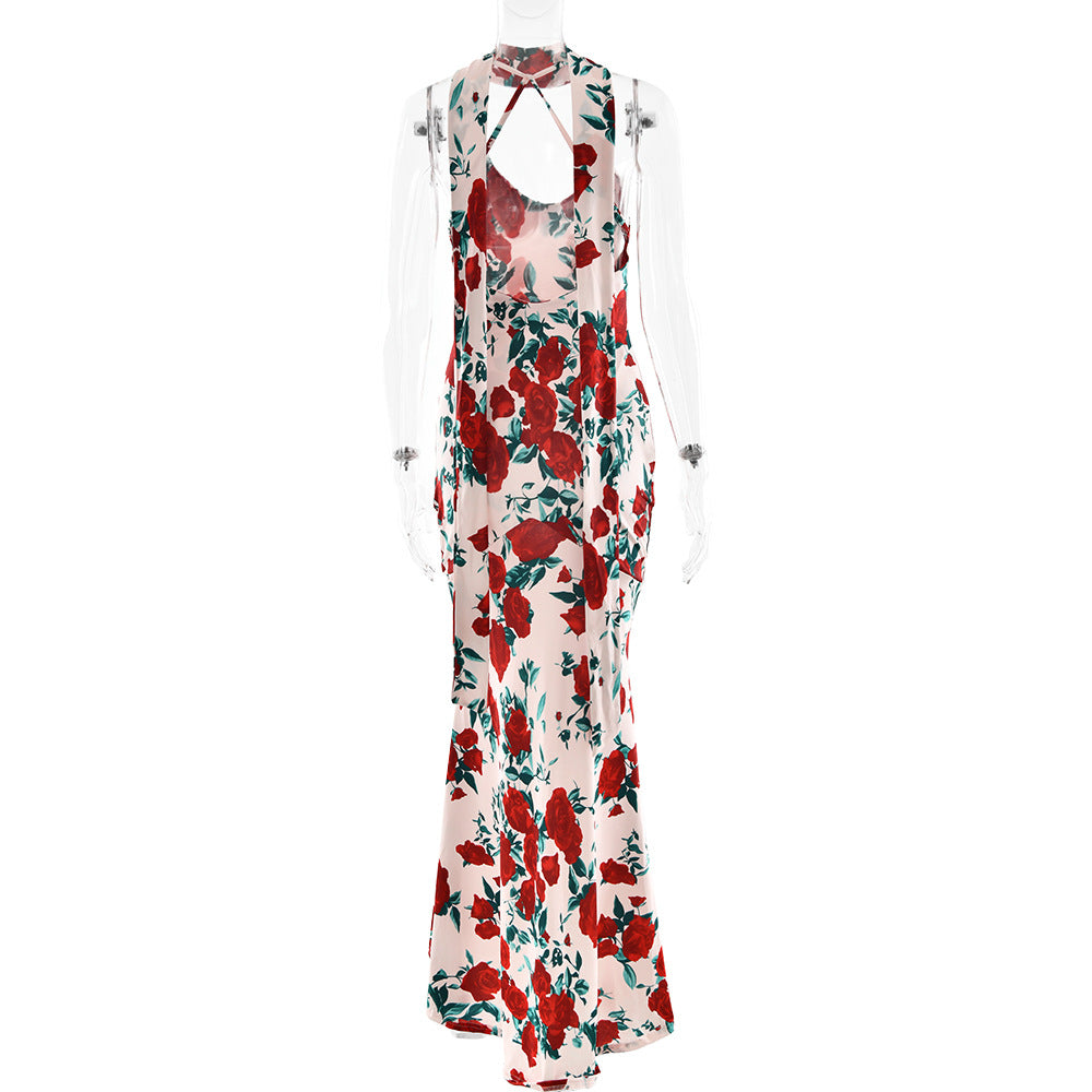 Floral Print Choker Spaghetti Strap Bodycon Mermaid Maxi Gown 8