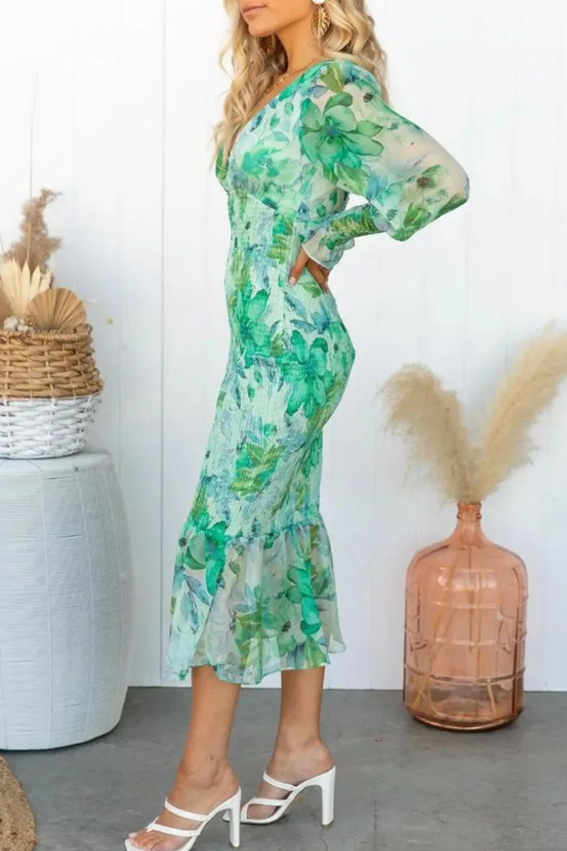 Floral Print Deep V-Neck Balloon Sleeve Smocked Trumpet Hem Midi Dress 5