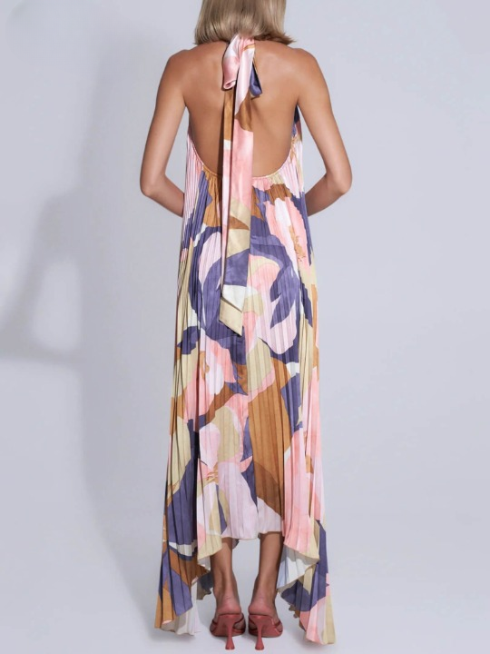 Halter Neck Plunging V Accordion Pleat Abstract Print Maxi Dress 4