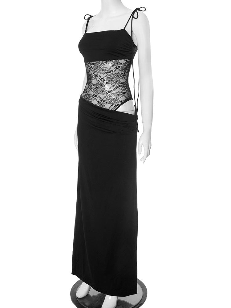 Spaghetti Strap Floral Lace Midriff Panel Column Maxi Dress 8
