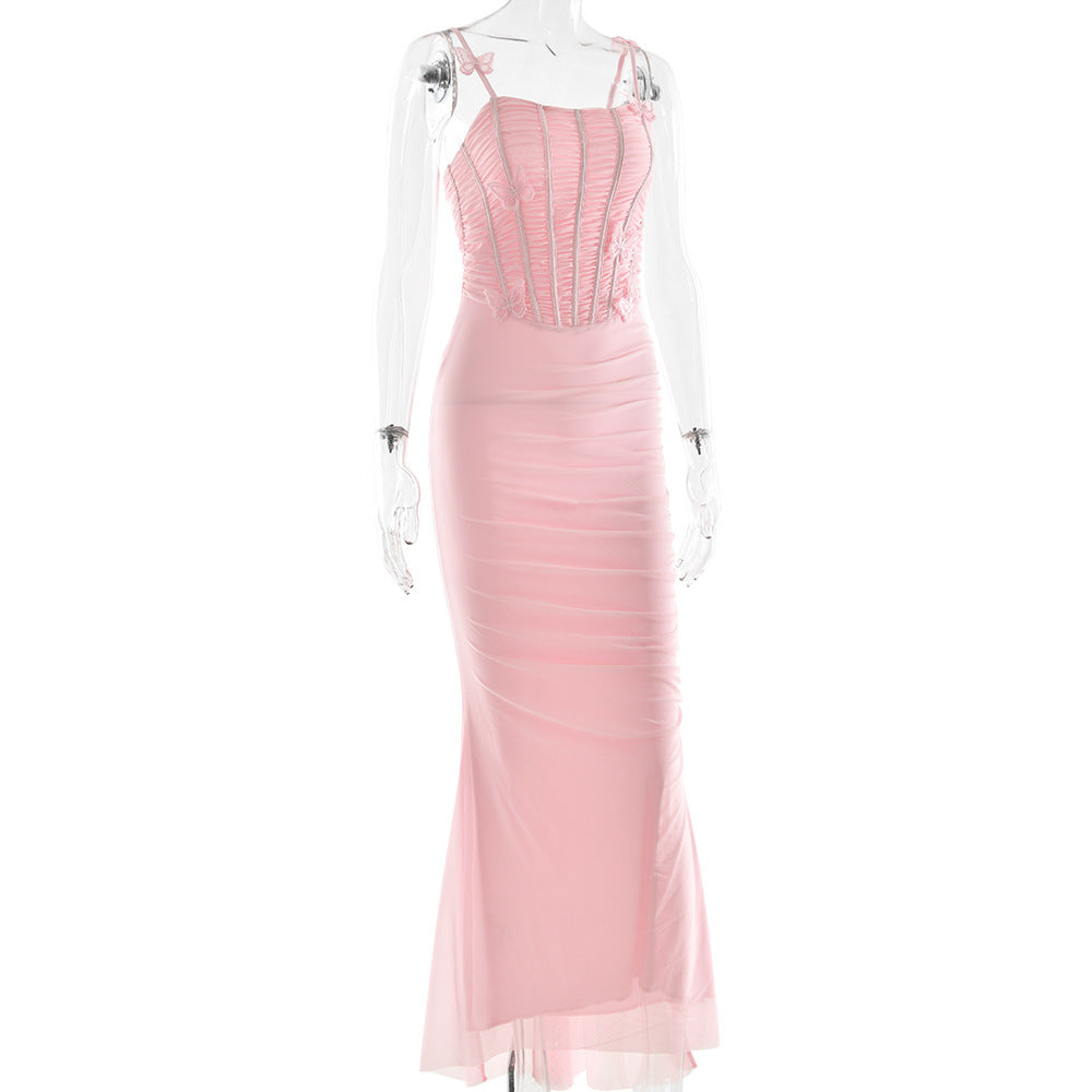 Spaghetti Strap Butterfly Applique Corset Boned Ruched Mermaid Maxi Dress 8