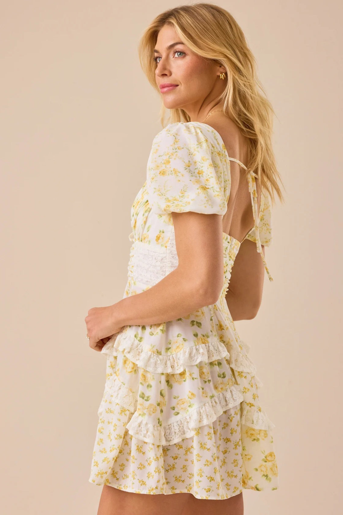 Floral Print Puff Sleeve Lace Smocked Waist Tiered Ruffle Mini Dress 17