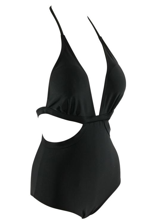 Black Plunging Halter Triangle Ruched Strappy Cutout Backless Sexy One Piece Monokini Swimsuit