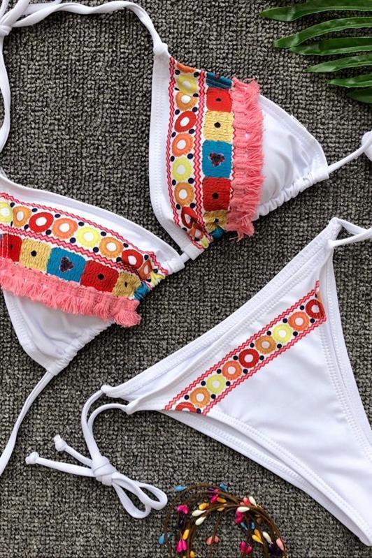 White Tribal Embroidery Triangle String Cheeky Thong Side Tie Sexy Bikini Swimsuit