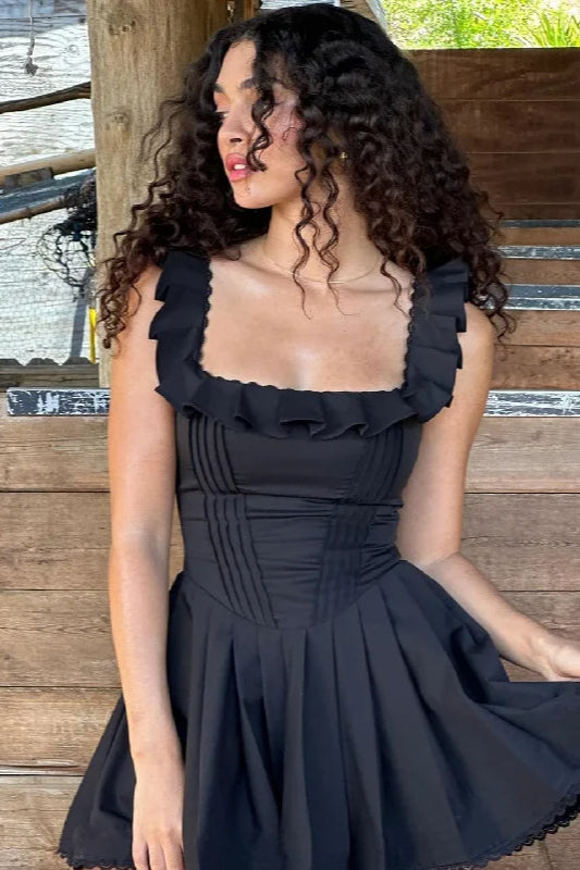 Square Neck Ruffle Trim Corset Bodice Pleated Scalloped Hem Mini Dress 3
