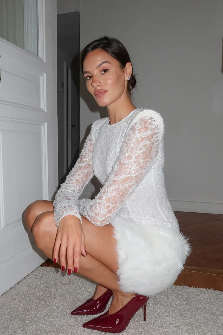 Floral Lace Long Sleeve Sheer Top and Faux Fur Mini Skirt Set 8