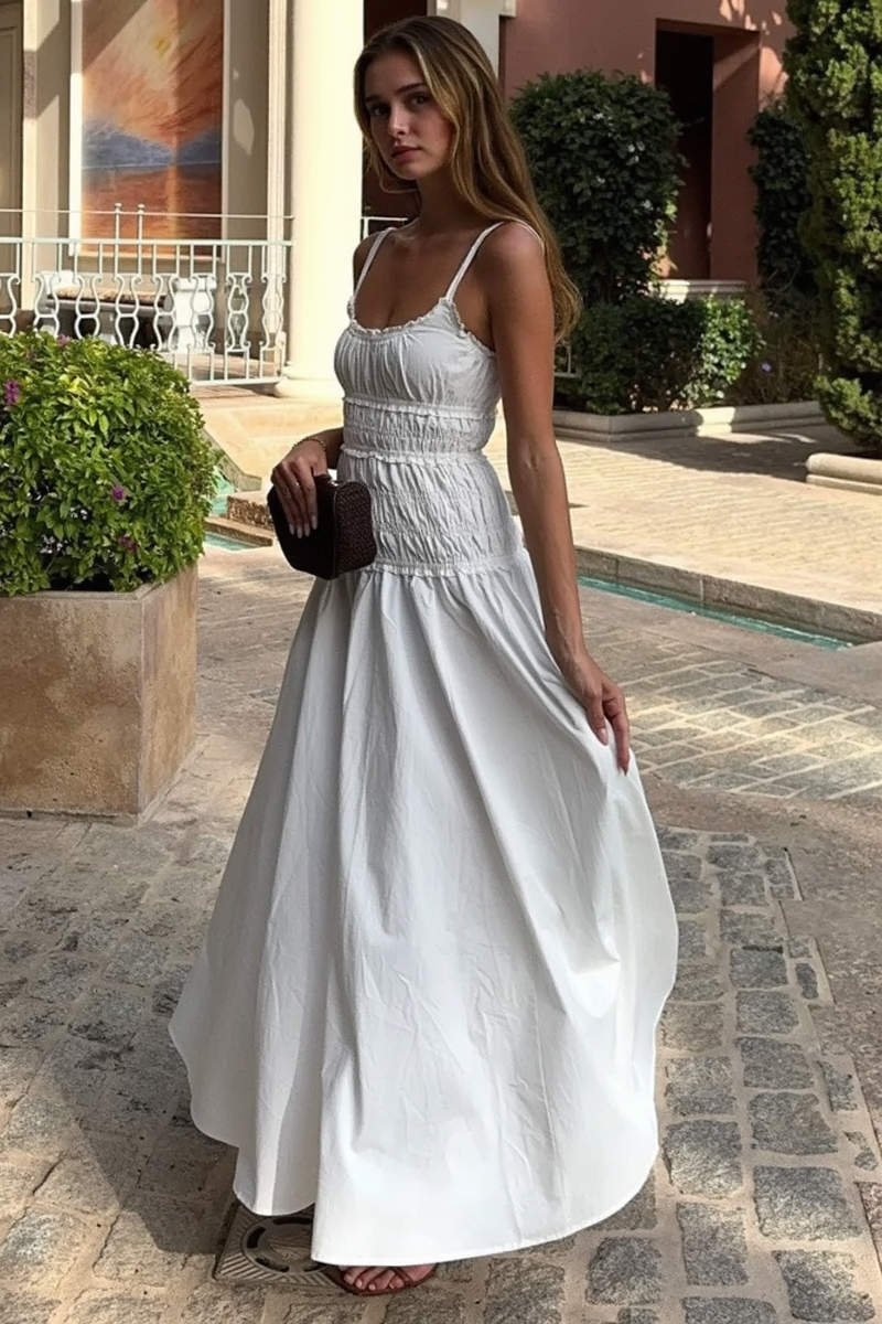 Scoop Neck Ruffle Trim Smocked Bodice Gathered Skirt Maxi Dress 2
