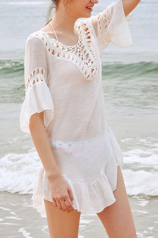 White Crochet Backless Tassel Tied Pom Pom Ruffle Sexy Beach Cover Up Tunic