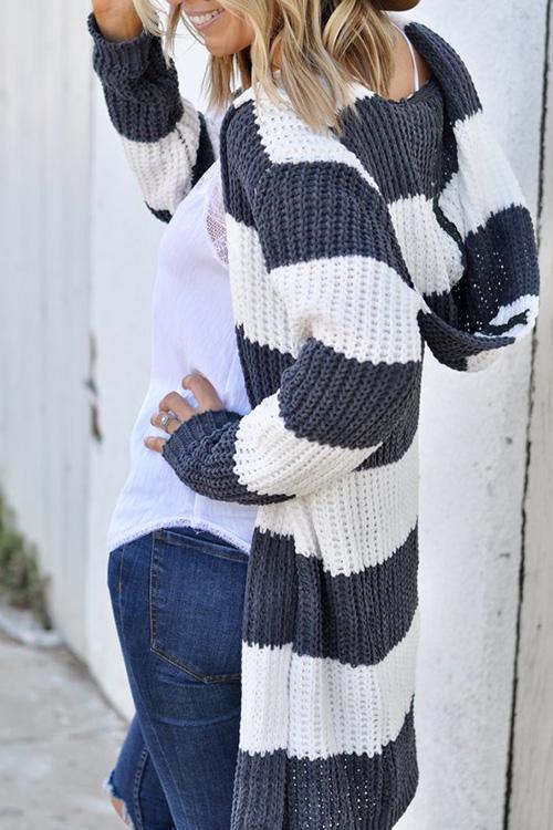 Simple Hooded Collar Striped Cardigan