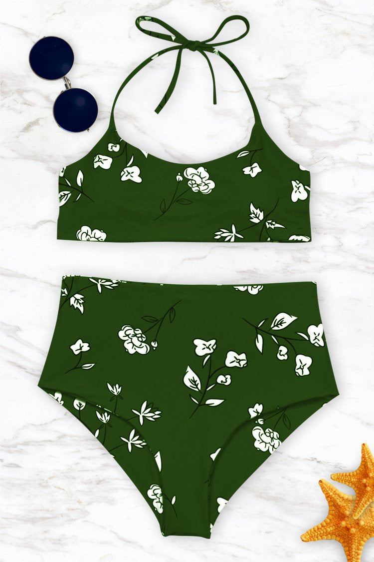 Green Slimming Control Floral Print Halter High Waisted Sexy Bikini Swimsuit