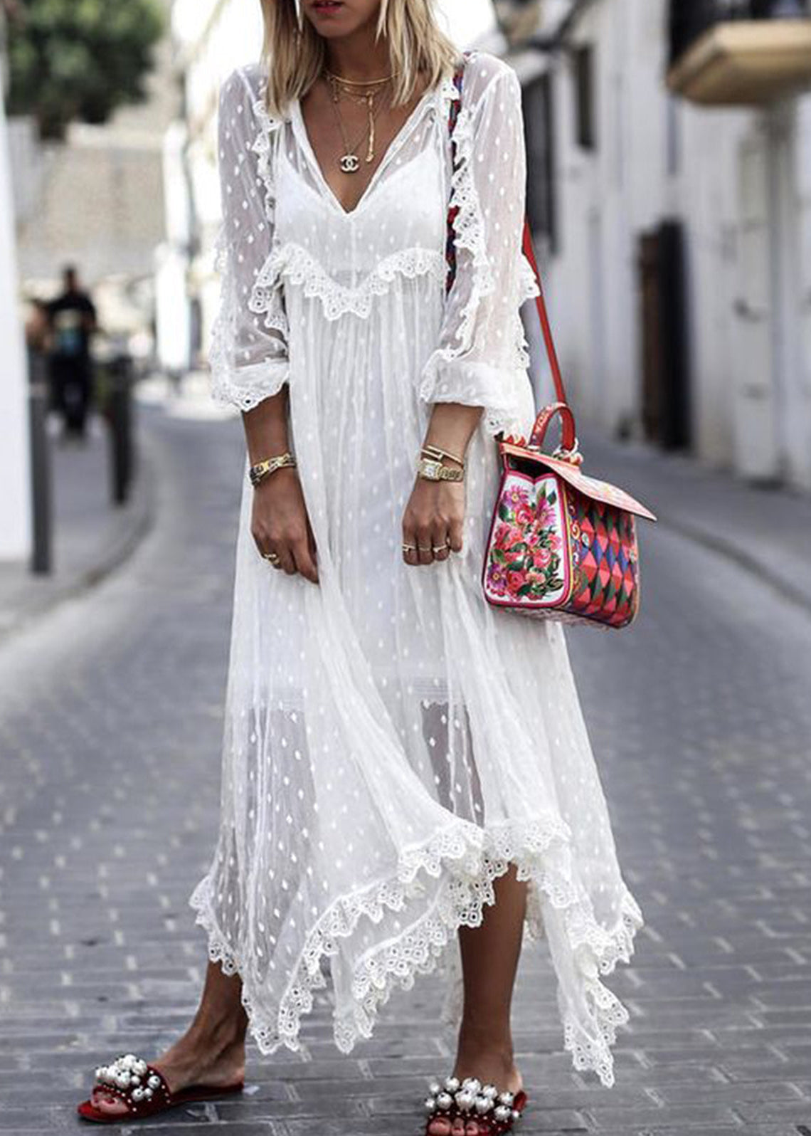 Deep V Neck Swiss Dot Ruffle Lace Handkerchief Hem Maxi Dress