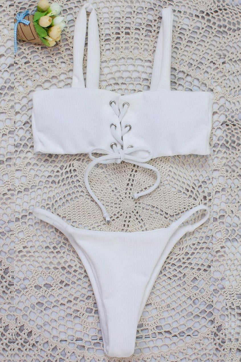 White Strappy Lace Up High Cut Ribbed Thong Sexy Bikini Swimsuit