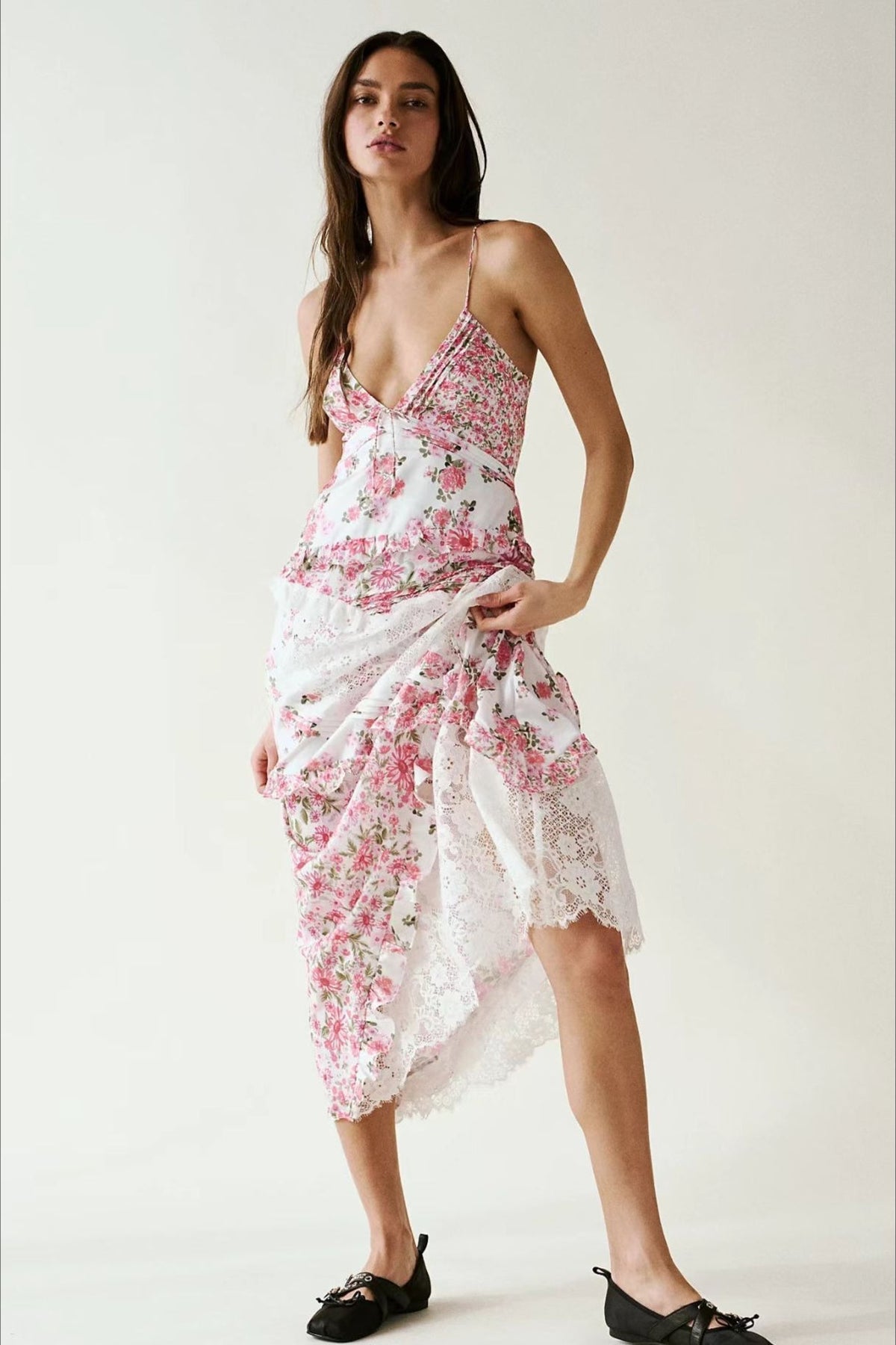 Deep V Neck Tie Front Patchwork Floral Lace Tiered Maxi Dress 12