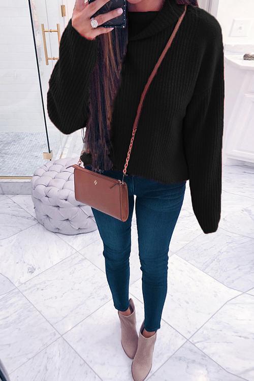 Solid Color High Neck Long Sleeve Sweater
