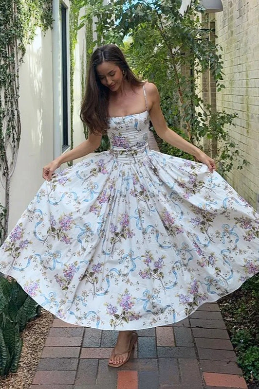 Square Neck Corset Bodice Dropped Waist Floral Ribbon Print Maxi Dress 5