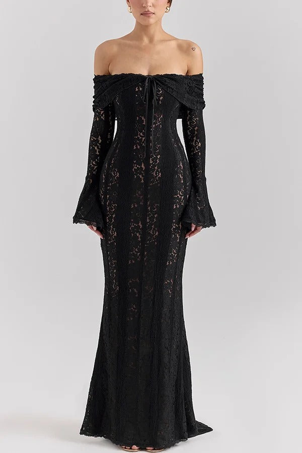 Floral Lace Off Shoulder Bell Sleeve Mermaid Maxi Dress 13