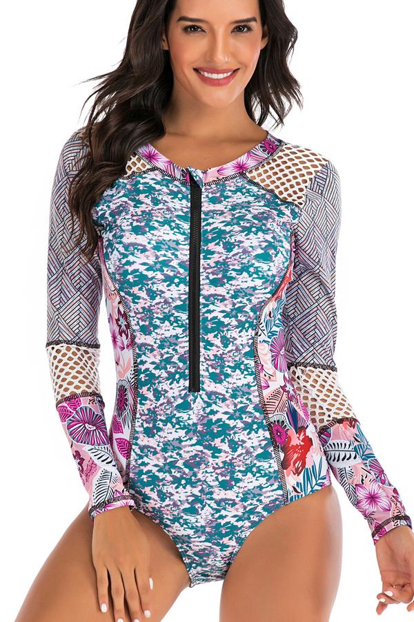 Long Sleeve Patchwork Printed Zipper Front Surfing Swimwear