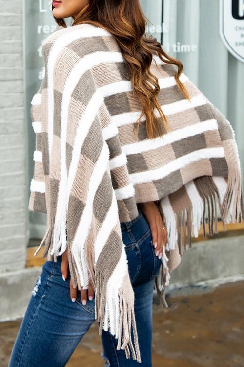 Contrast Striped Shawl Cloak Tassel Irregular Sweater