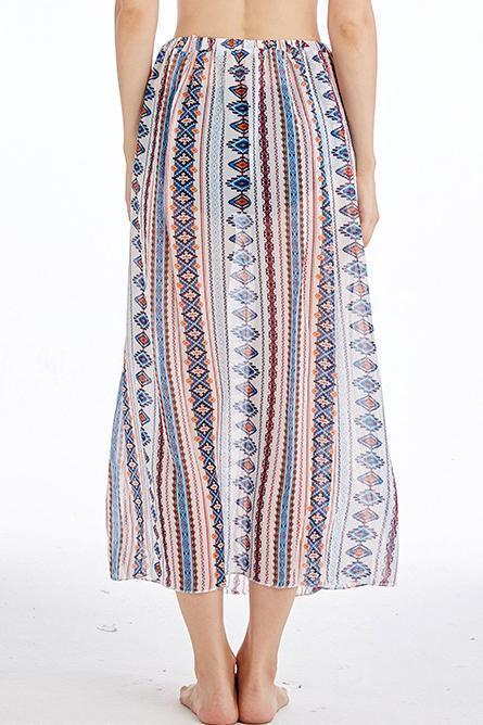 White Geometric Tribal Print High Slit Side Elastic Waist Boho Maxi Skirt Cover Up