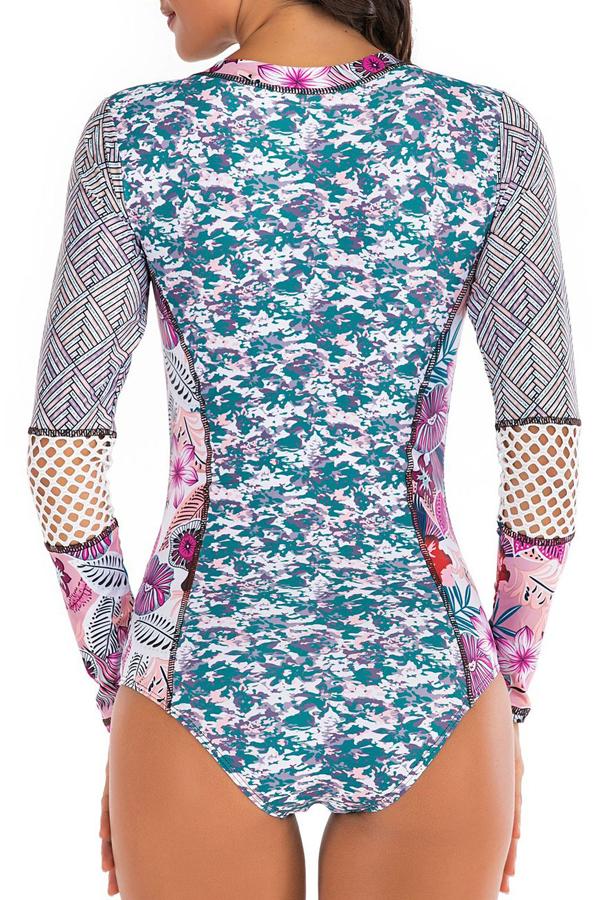 Long Sleeve Patchwork Printed Zipper Front Surfing Swimwear