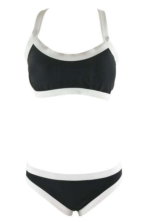 Black White Contrast Trim Racer Back Padded Two Piece Swimsuit