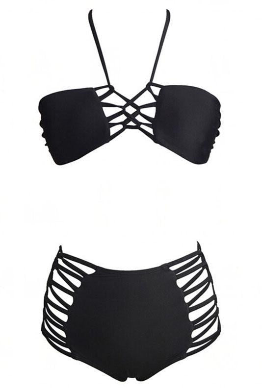Black Strappy Caged Crisscross Halter High Waisted Sexy Bikini Swimsuit