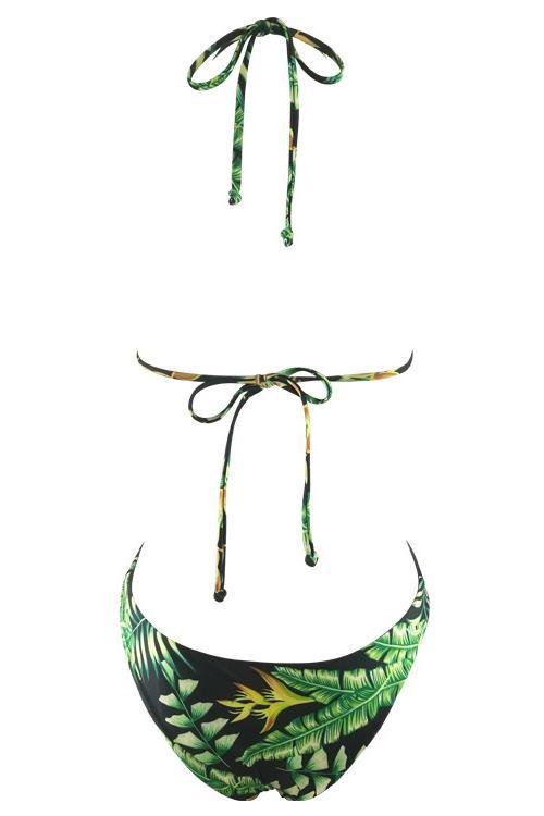 Green Tropical Palm Leaf Print Plunging Halter Strappy Backless Sexy High Cut One Piece Monokini Swimsuit