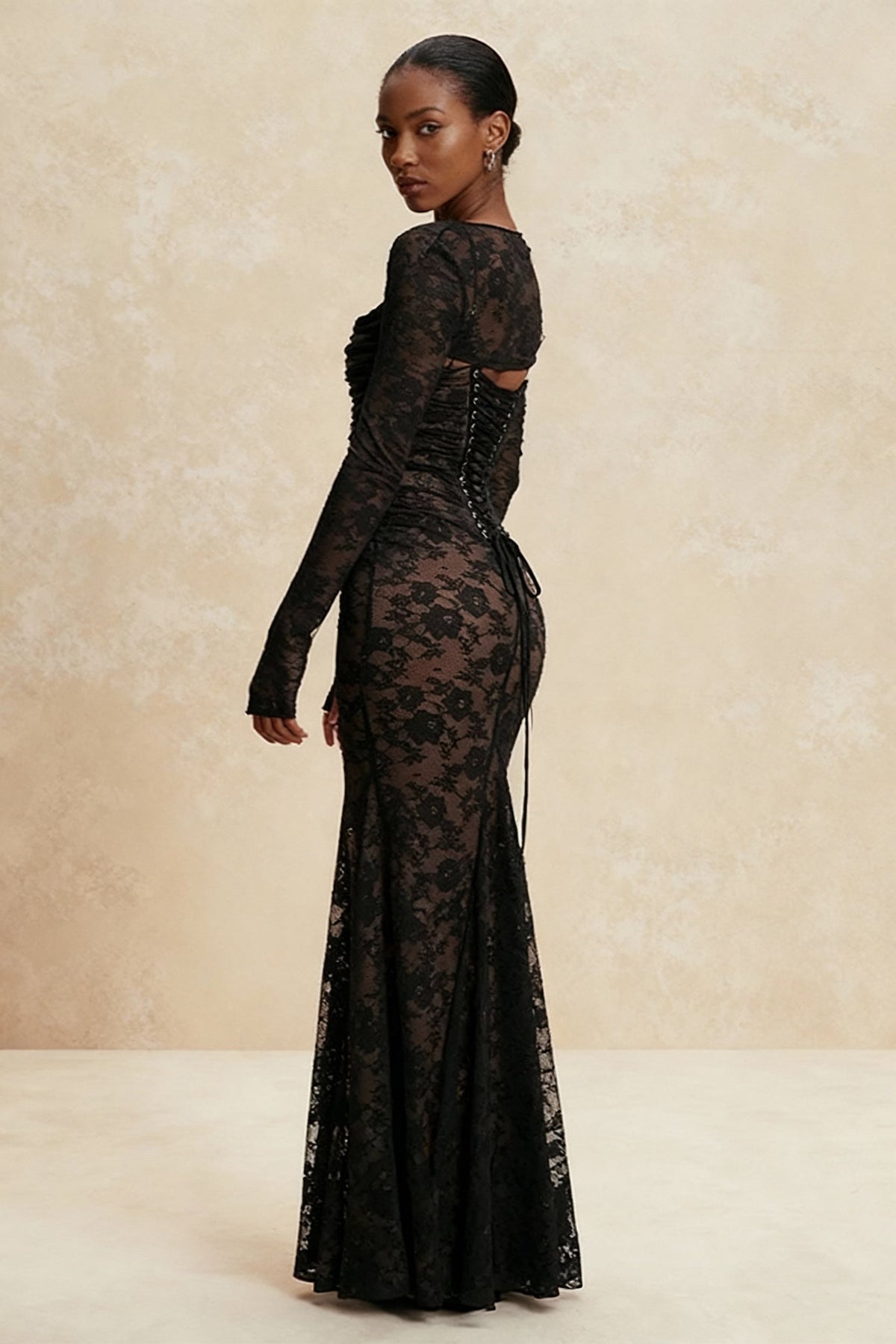 Floral Lace Square Neck Spaghetti Strap Ruched Long Sleeve Bolero Maxi Dress 4