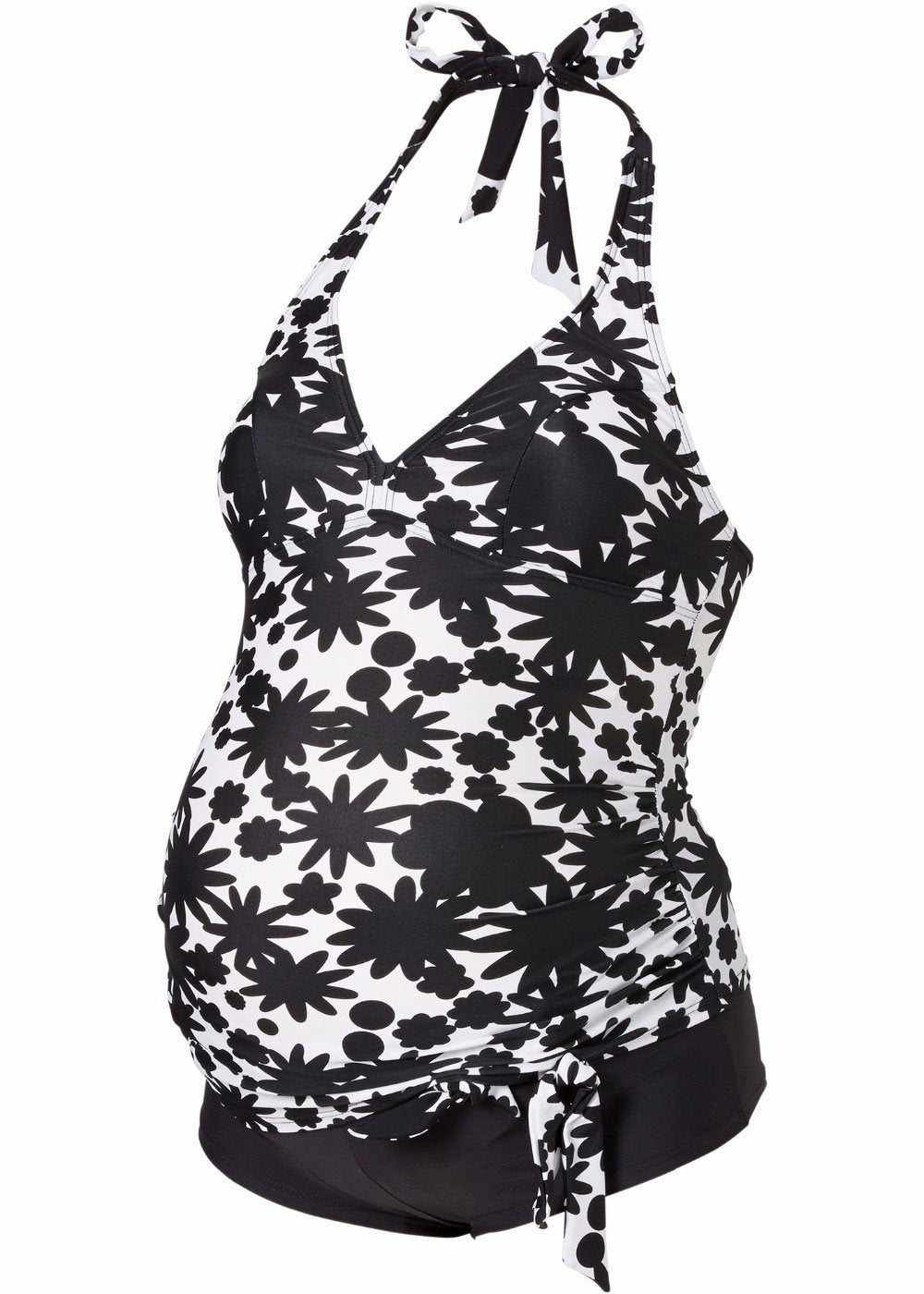 Flower Print Halter Neck Black Maternity Swimsuit
