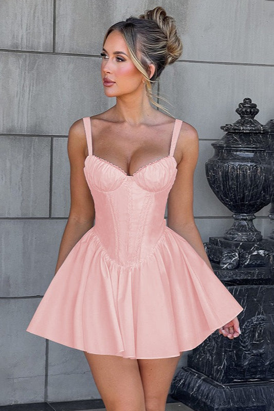 Corset Sweetheart Lace Up Detail Pleated Flare Mini Dress 3
