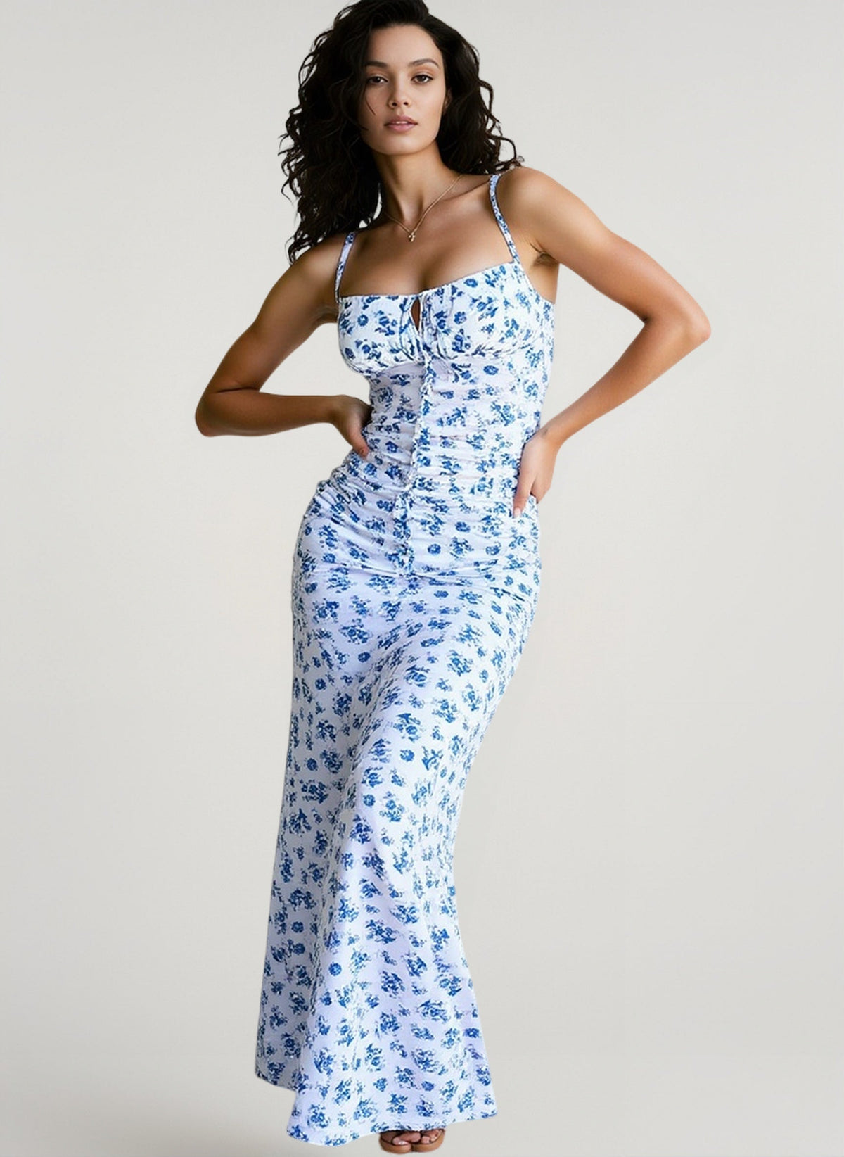 Square Neck Ruched Keyhole Tie Floral Print Bodycon Maxi Dress