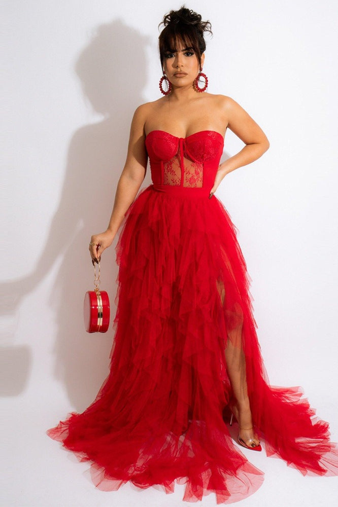 Lace Corset Sweetheart Strapless Tiered Tulle High Slit Maxi Skirt Set 3