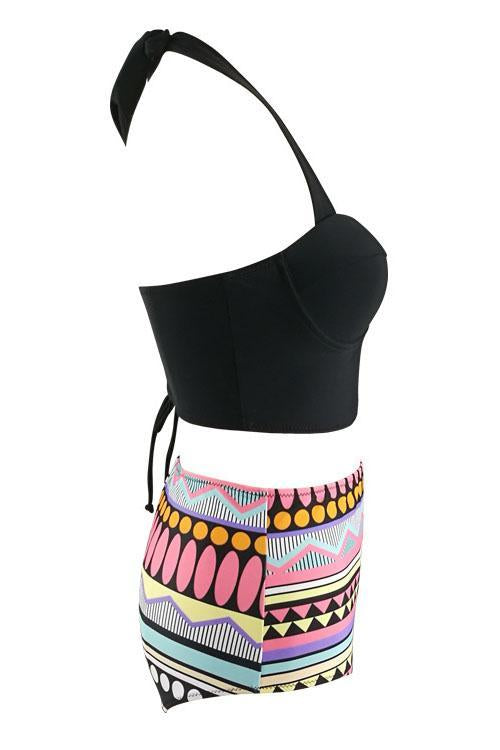 Black Geometric Print Halter Push Up High Waisted Bikini Set